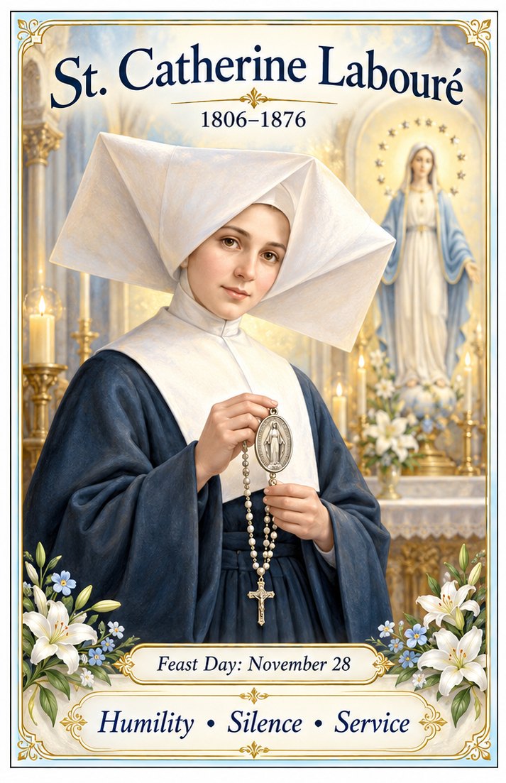 Devotional artwork depicting St. Catherine Labouré in her Daughter of Charity habit holding the Miraculous Medal
